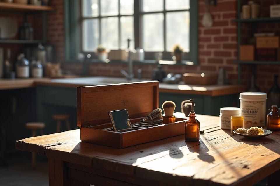 An old-fashioned, well-lit Portland workshop with various traditional shaving tools and natural ingredients on display, evoking a sense of craftsmanship and history.