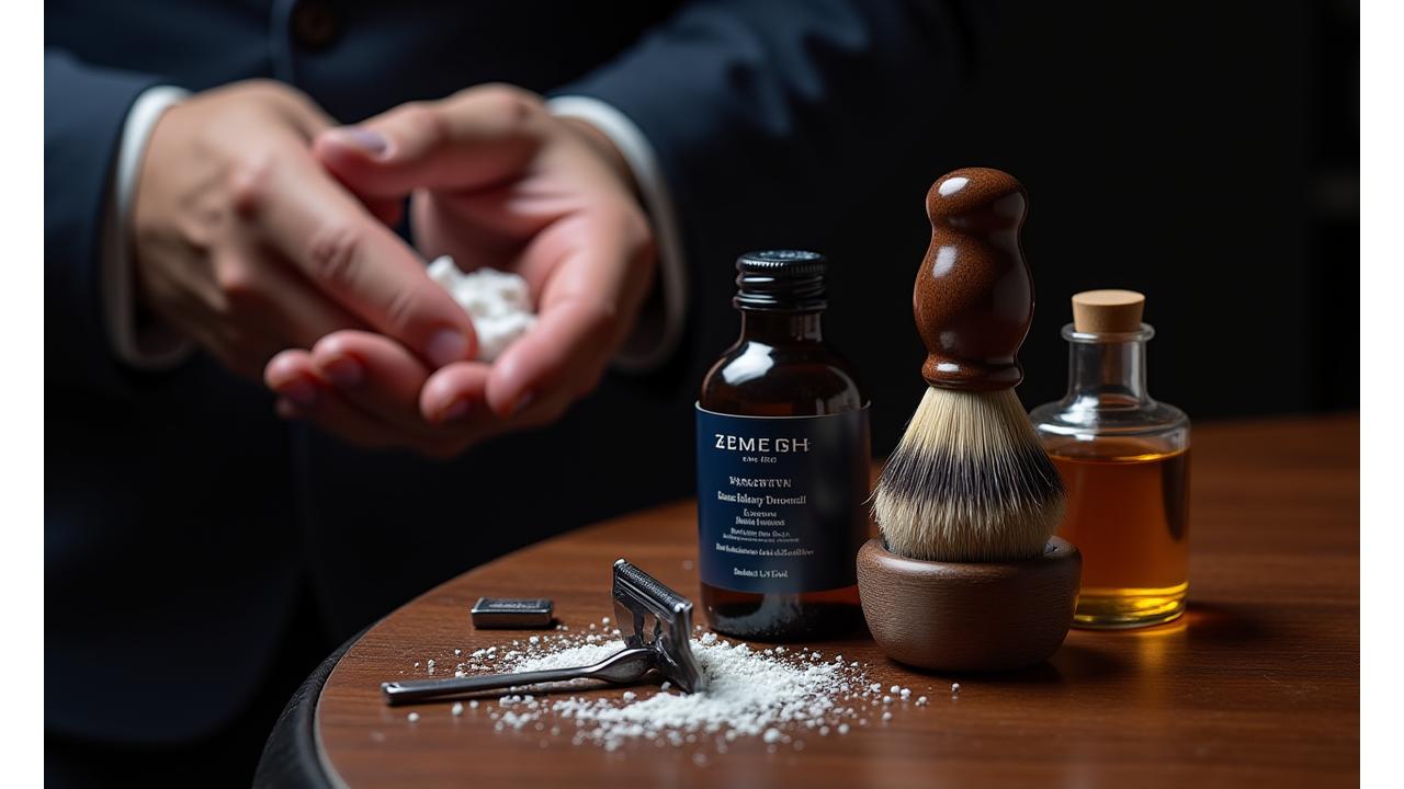 A close-up of a gentleman meticulously applying lather with a premium shaving brush, surrounded by classic Zenith Blade products, emphasizing the ritual.