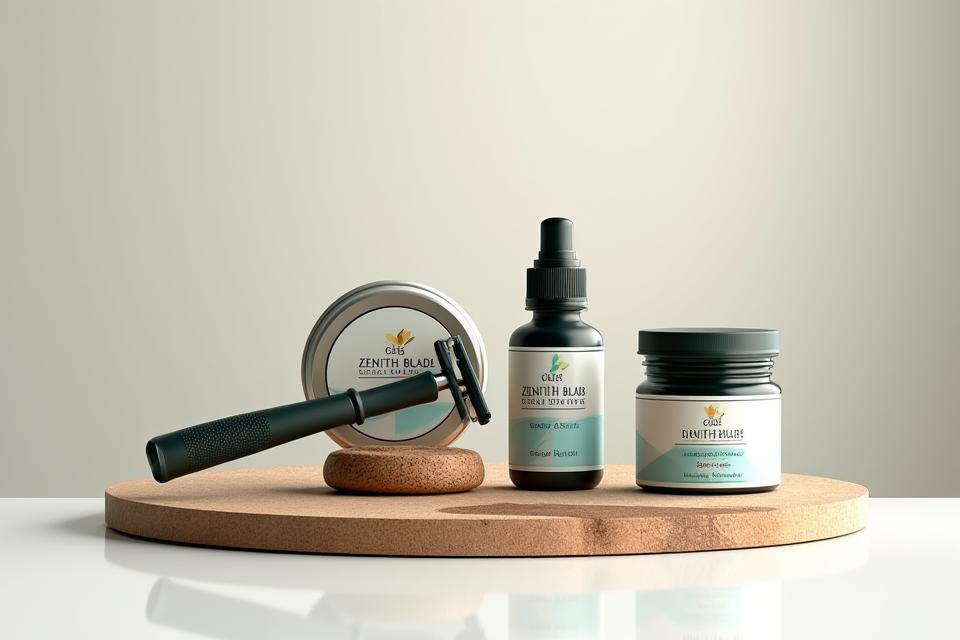 Stylish, minimalist grooming products with eco-friendly packaging, featuring subtle plant motifs and natural textures, against a backdrop of soft, diffused light.