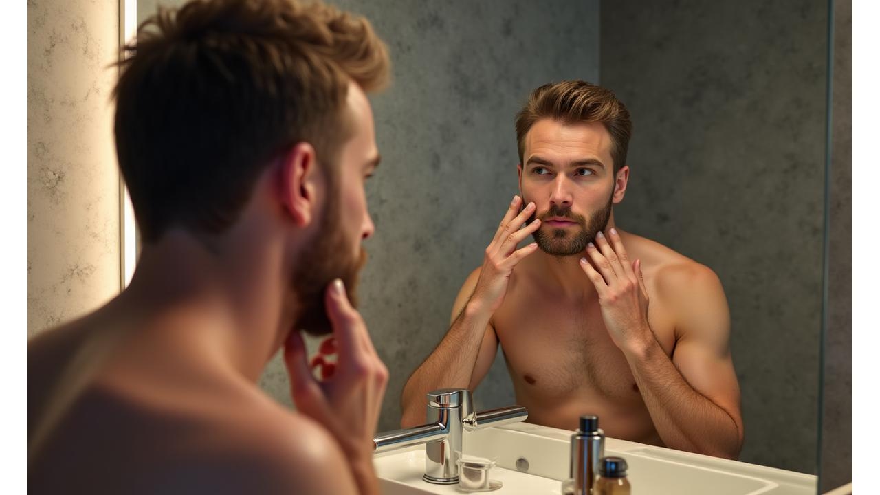 Man applying aftershave balm to his face in a clean, well-lit bathroom, demonstrating proper technique.
