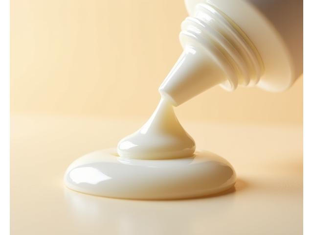 Close-up of a rich, creamy aftershave balm being dispensed, showing its luxurious texture.