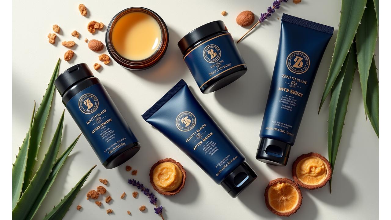Collection of Zenith Blade artisanal aftershave balms with natural ingredients close-up.