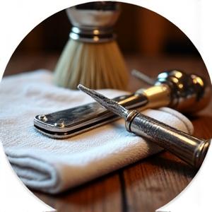 Image of a classic leather barber chair, an antique shaving brush, and warm lighting representing a traditional scent.