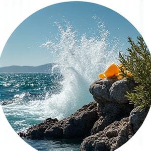 Image of a windswept coastline, sea spray, and sage brush representing a fresh scent.
