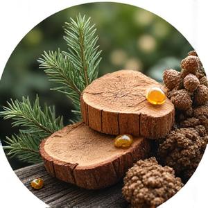 Close-up of cedarwood, pine needles, and vetiver roots representing a woody scent.