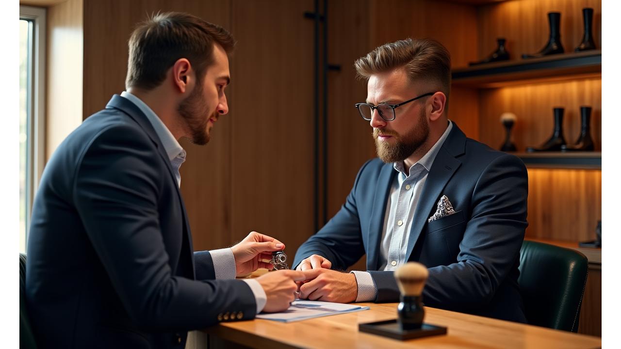 Zenith Blade expert discussing shaving techniques and products with a gentleman during a scheduled private consultation.