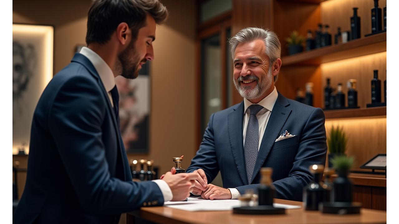 Zenith Blade expert advising a customer on shaving products in a sophisticated store setting.