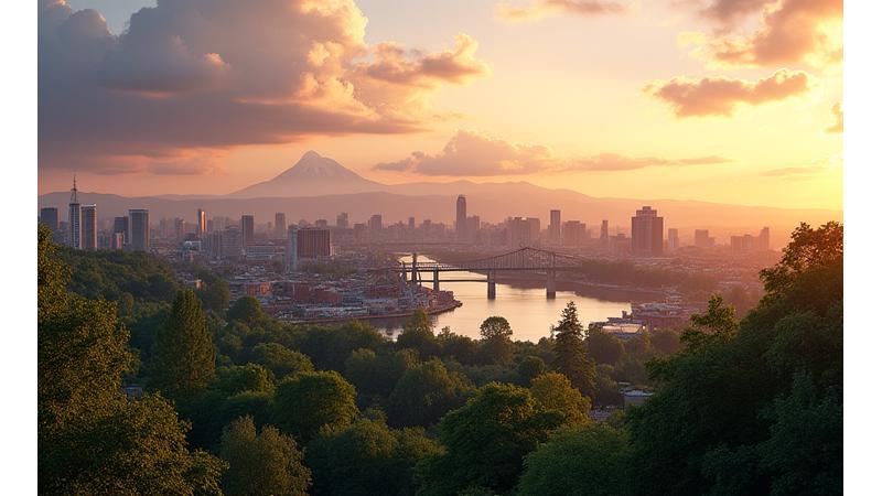 View of Portland, OR skyline with bridges and Mount Hood in the background, representing local connection