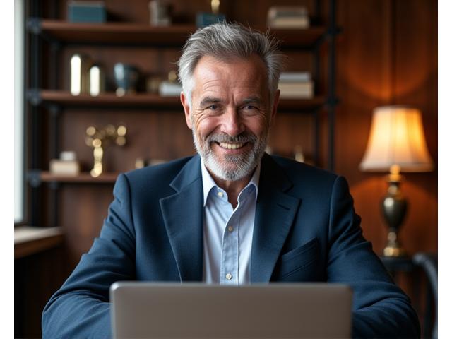 A distinguished gentleman, a grooming expert from Zenith Blade, is engaged in a video consultation on a laptop, discussing shaving techniques with a client. The background is a sophisticated study with classic shaving tools subtly displayed, exuding professionalism and expertise.
