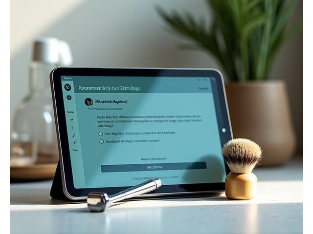 Zenith Blade personalized grooming assessment on a tablet, showing a subtle interface with options for skin type and beard growth. A Zenith Blade safety razor and luxurious shaving brush are subtly in the foreground, indicating the outcome of the assessment.