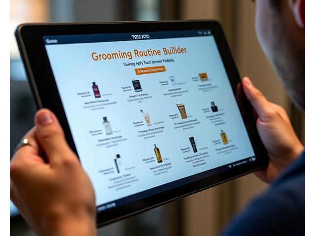 A beautifully designed digital interface for a custom grooming routine builder on a tablet. It shows a step-by-step routine with images of Zenith Blade products, timers, and small notes for usage, all in a clean, sophisticated layout.