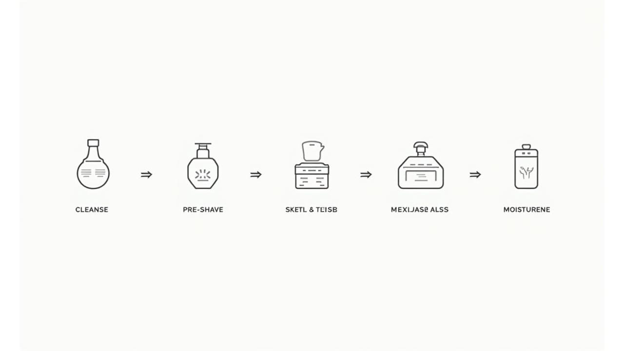 Infographic showing a step-by-step men's daily skincare routine: cleanse, pre-shave, shave, aftershave, moisturize, with connecting arrows.