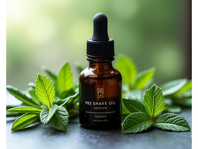A small, dark glass bottle of pre-shave oil surrounded by fresh rosemary and mint leaves, emphasizing natural botanical ingredients.
