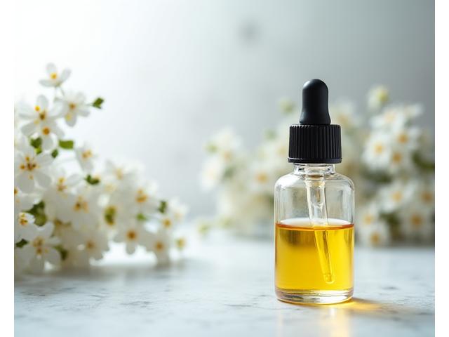 A clear glass dropper bottle of light pre-shave oil, with delicate floral elements in the background, suggesting a subtle scent.