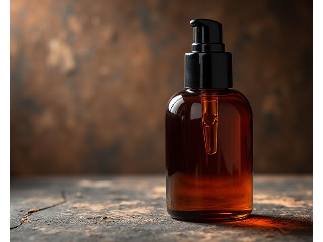 A deep amber glass bottle of rich pre-shave oil, with a textured wooden background, hinting at its nourishing properties.