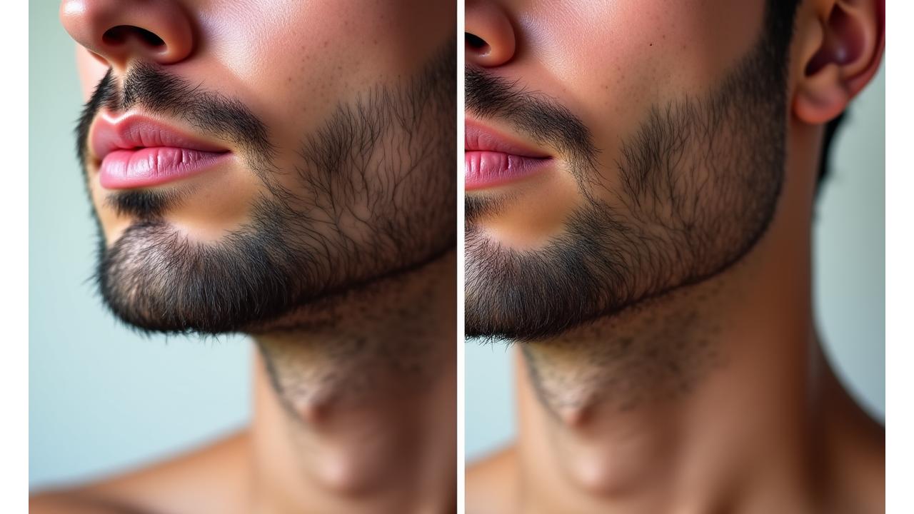Two side-by-side images showing a man's face before and after using pre-shave oil, highlighting reduced redness and a cleaner shave.