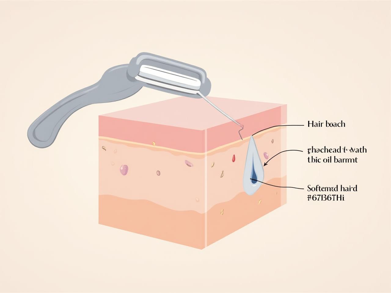 An intricate infographic illustrating how pre-shave oil forms a microscopic protective barrier on the skin, showing softened hair follicles and a cushioned razor blade path.
