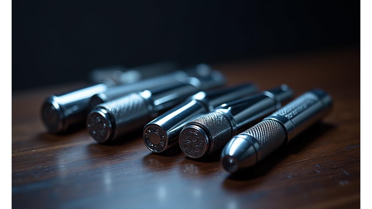 Zenith Blade signature razor collection displayed elegantly on a dark wooden surface with warm, soft lighting.