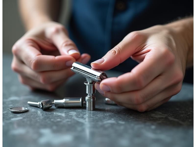 Hands carefully replacing a double-edge blade in a safety razor head.