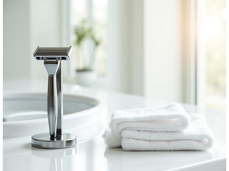 A clean safety razor drying on a stand next to a soft cloth.