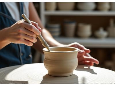 A potter in a sunlit Portland studio glazing a ceramic shaving mug