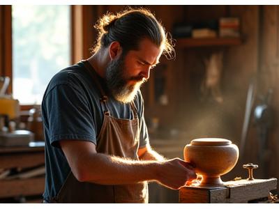 An artisan woodturner in his Portland workshop, focusing intently on shaping a wooden shaving bowl on a lathe