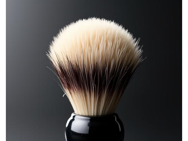 Close-up of a luxurious silvertip badger hair shaving brush with a polished dark handle