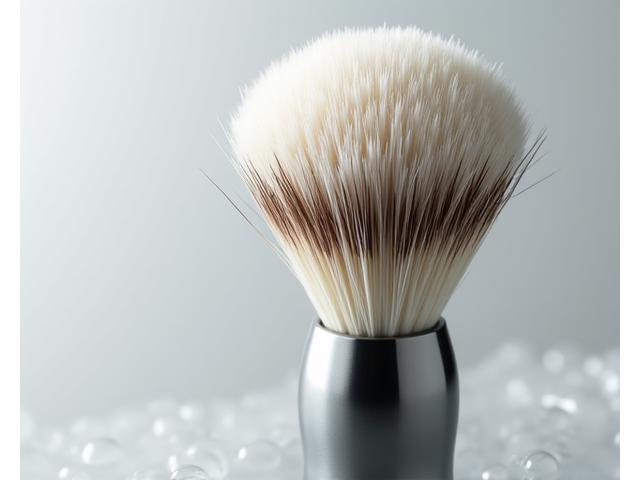 A modern synthetic shaving brush with a sleek chrome handle, wet with lather