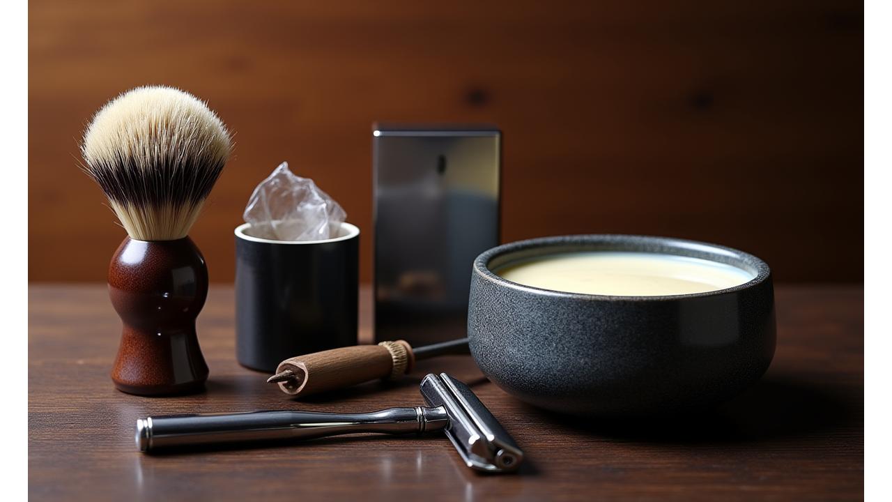 A luxurious collection of Zenith Blade shaving brushes, artisanal ceramic bowls, and sleek razor stands beautifully arranged on a polished dark wood surface, bathed in soft, inviting light.