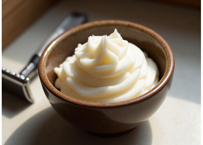 Artisanal ceramic shaving bowl filled with rich, creamy lather, next to a classic safety razor