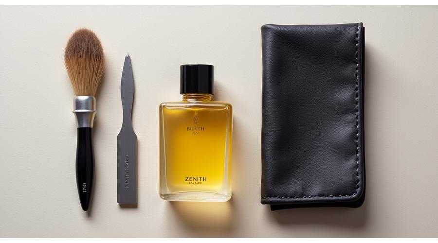 A Zenith Blade maintenance kit featuring brush cleaning solution, a razor sharpener, and a polishing cloth laid out neatly