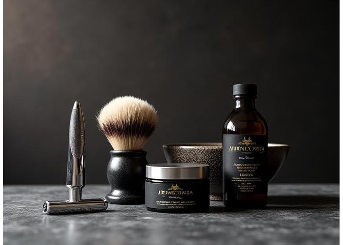 A visually appealing ensemble of a classic safety razor, a silvertip brush, a ceramic bowl, and a luxurious aftershave balm, all harmoniously displayed as a recommended pairing
