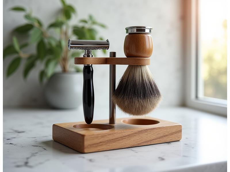 A sleek, minimalist oak wood razor and brush stand holding a safety razor and a badger brush, placed on a modern bathroom countertop