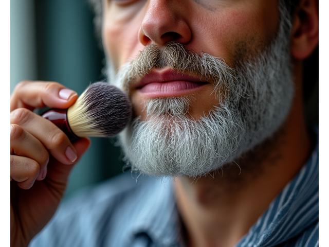 A focused shot of a man expertly applying shaving lather with a high-quality badger brush to his face, ready for an advanced shave, reflecting precision and ritual