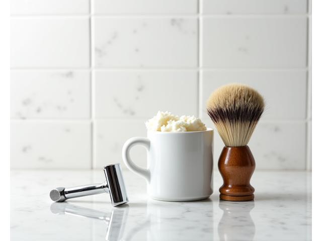 A silver safety razor, a rich lathering brush, and a classic ceramic shaving mug neatly arranged on a pristine white tiled bathroom surface