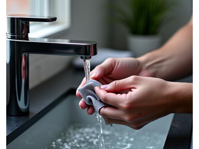 A close-up shot of a polished chrome safety razor being meticulously cleaned under running water, with a soft cloth nearby, emphasizing maintenance and care