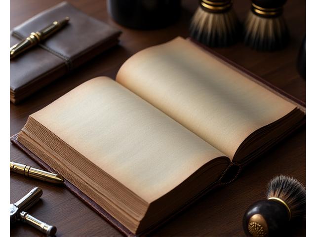Open vintage book on a dark wooden table with a classic safety razor and a leather-bound journal, depicting a comprehensive shaving guide library