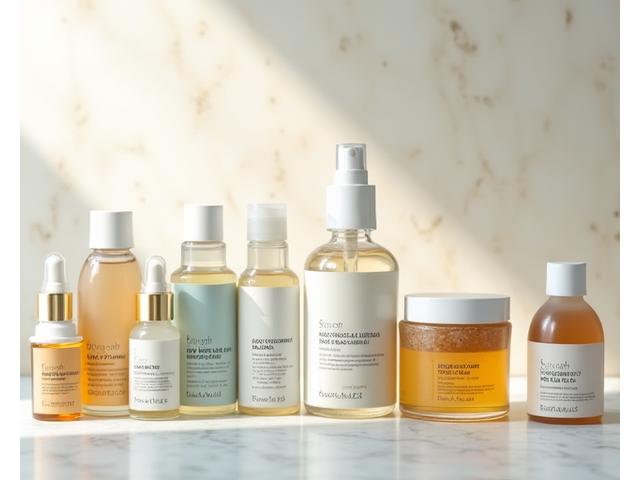 A diverse set of skincare products, including gentle cleansers, hydrating balms, and pre-shave oils, arranged on a marble surface, representing personalized skin type advice