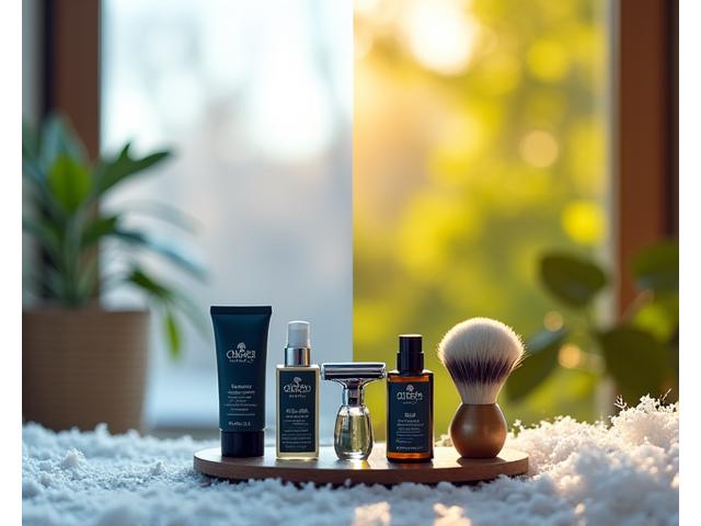 A split image showing a winter scene (snow, warm tones) on one side and a summer scene (lush greenery, bright light) on the other, with a classic shaving kit in the center, representing seasonal grooming
