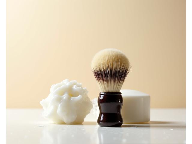 A luxurious badger hair shaving brush with a sturdy, ergonomic handle, lathered with creamy shaving soap.