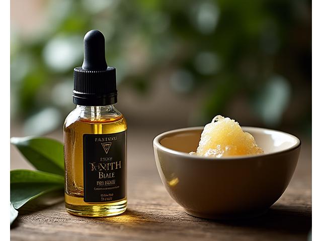 A ceramic shaving soap bowl next to a bottle of Zenith Blade's nourishing aftershave balm, with rich textures visible.