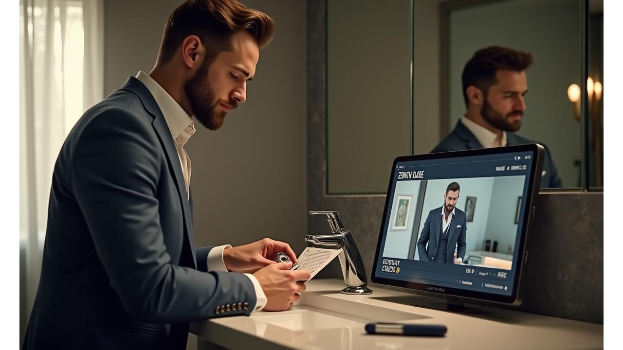 A man carefully going through the steps of wet shaving, referencing an open Zenith Blade shaving guide, with a tablet displaying a video tutorial nearby.