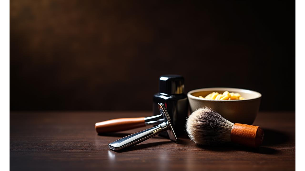 Zenith Blade Starter Kit, featuring a gleaming safety razor, a badger hair brush, a rich shaving soap, and a soothing aftershave balm, all elegantly arranged on a dark wooden surface.