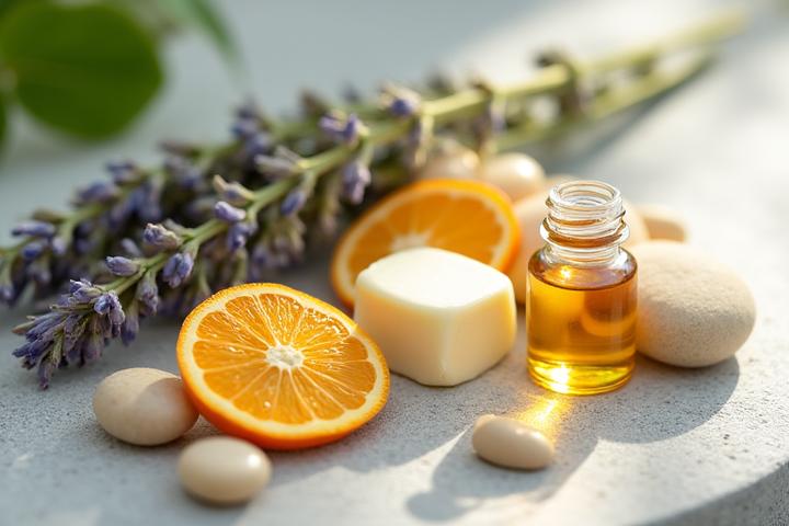Close-up of natural, organic ingredients like essential oils, plant extracts, and botanical elements beautifully arranged, emphasizing purity and sustainability.