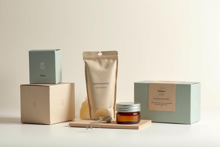 Modern, minimalist packaging made from recycled paper, glass jars, and compostable materials, featuring subtle branding and a focus on texture.