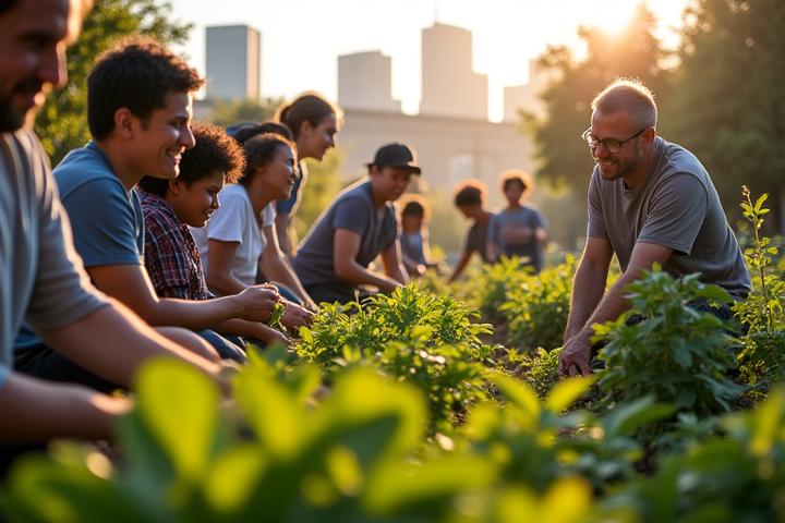 Vibrant community garden in Portland, with diverse people tending to plants, symbolizing local engagement and sustainable living.