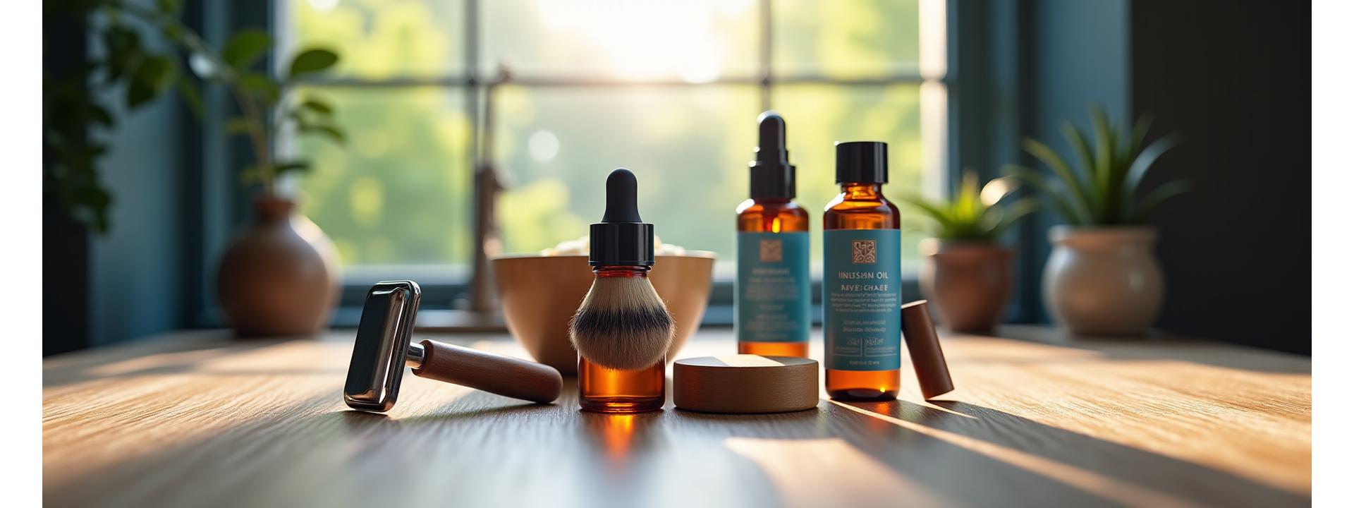 Artfully arranged biodegradable shaving products with soft, natural light, symbolizing a commitment to eco-friendly grooming in Portland.