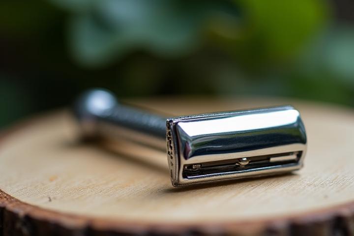 Close-up of a classic silver safety razor on a wooden surface, with a blurred background of green foliage, emphasizing longevity and natural elements.